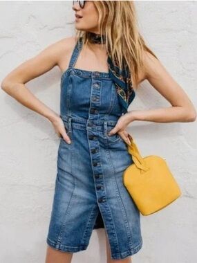 Free People Denim  Button Mini Dress Pinafore Blue Jumper Cross Back Size 4